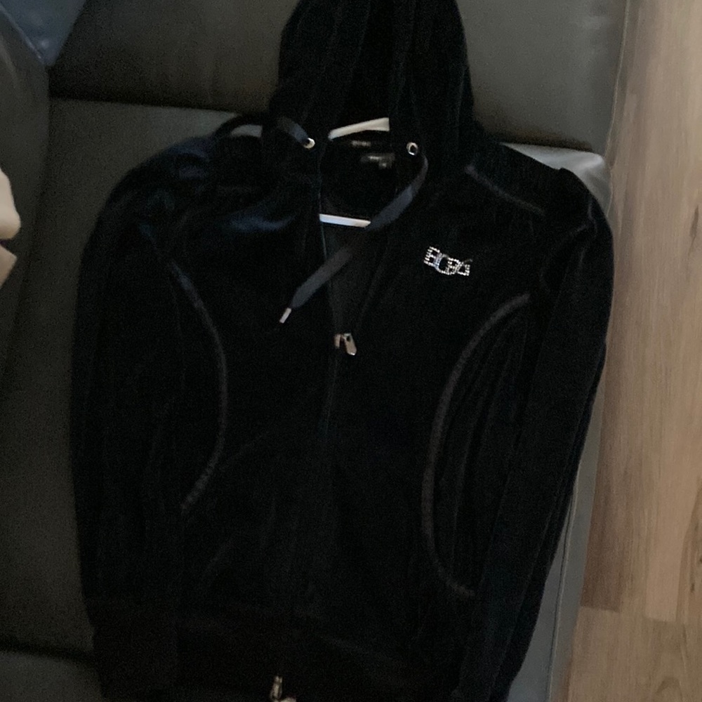 Size Small black BGBC Mazazria faux jeweled logo on front & back of hood.